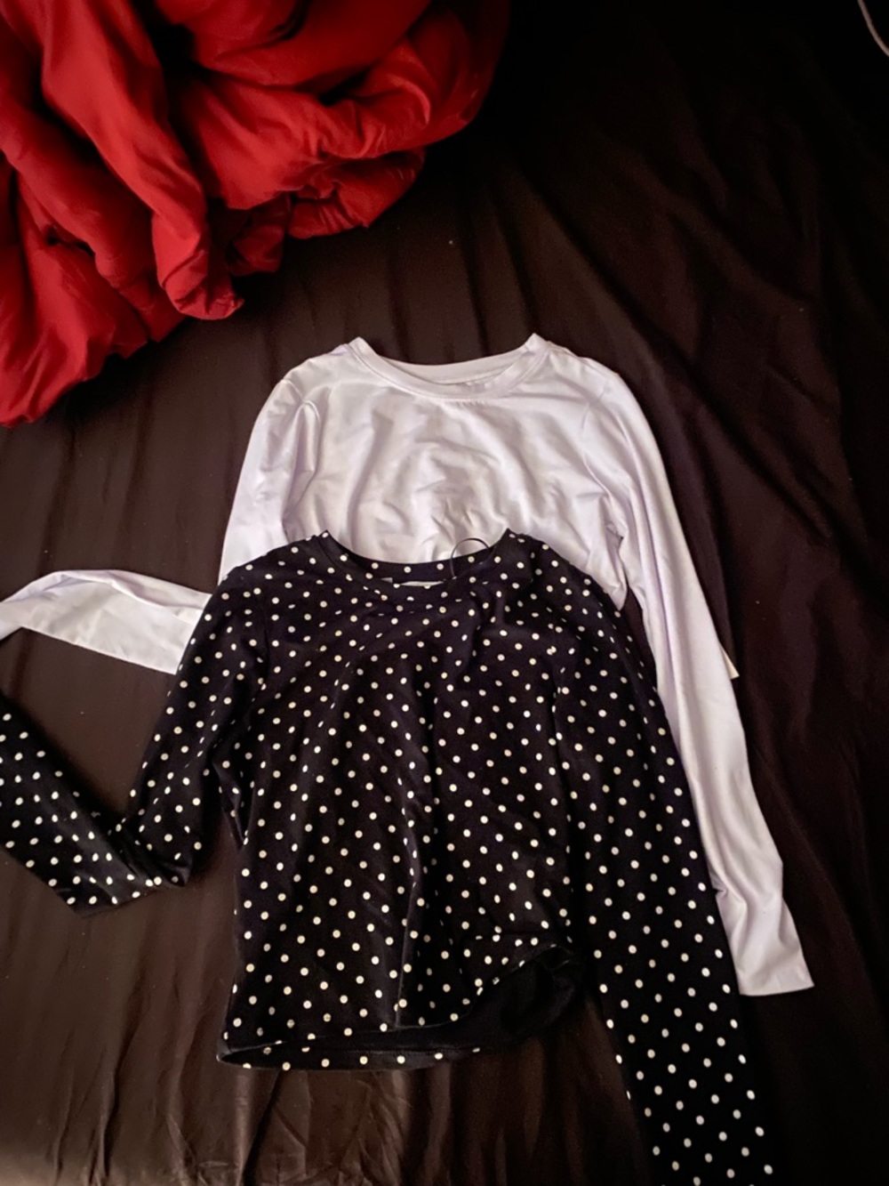 Polka dot and white long sleeve.